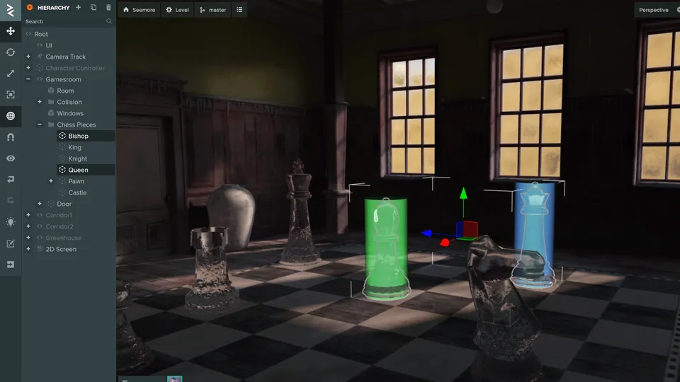 The PlayCanvas Editor with a chess scene open in the viewport